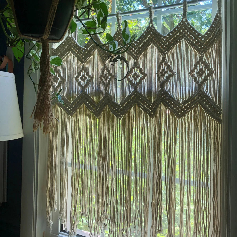Mão tecida macrame boêmio pendurado porta cortina de algodão borla cortina de janela arte decoração de parede tapeçaria decoração interior