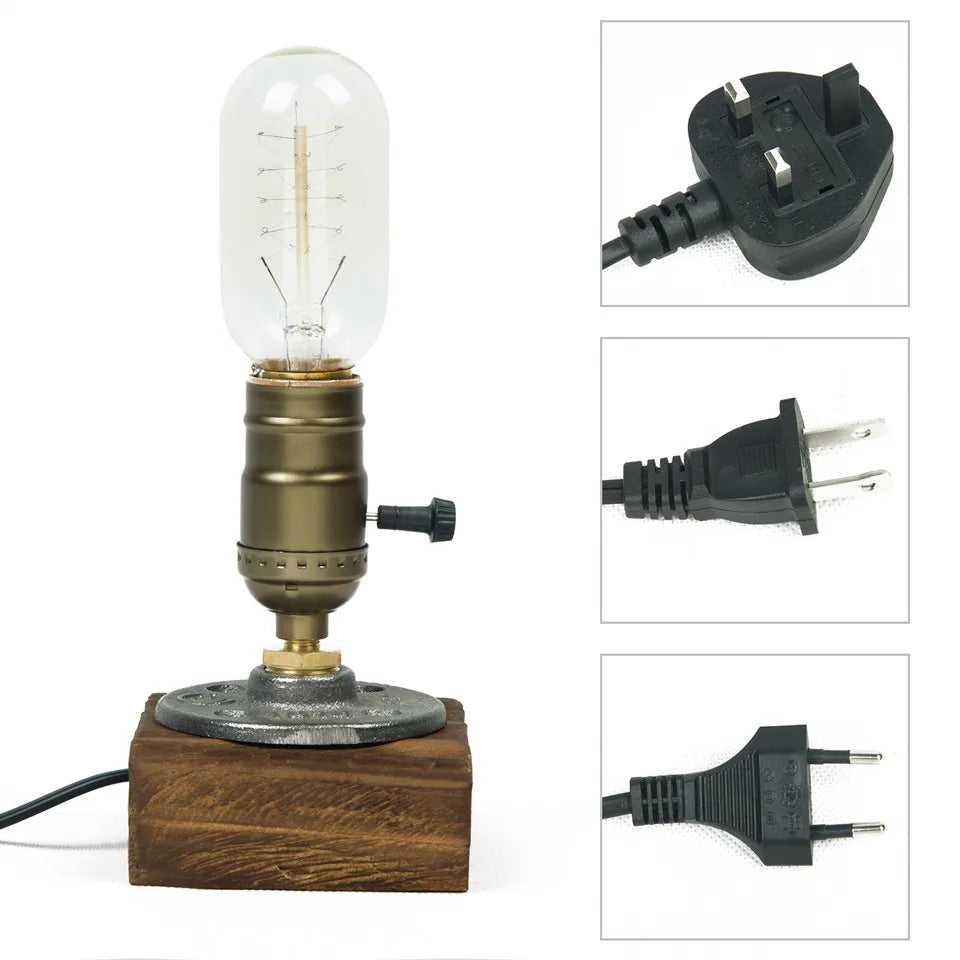 Luzes de mesa led industriais com interruptor lâmpada de mesa de madeira retro decoração para casa arte criativa presente luz noturna