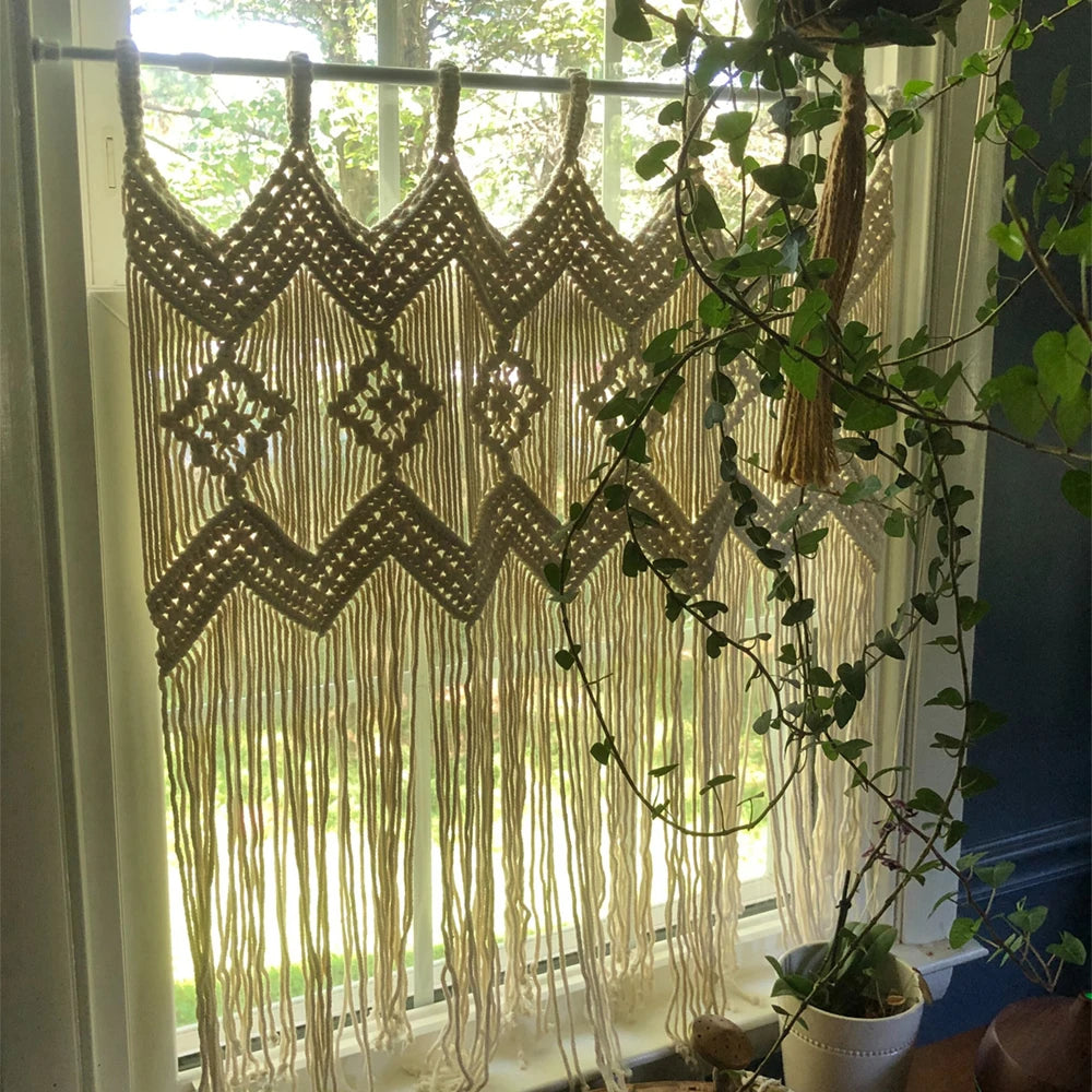 Mão tecida macrame boêmio pendurado porta cortina de algodão borla cortina de janela arte decoração de parede tapeçaria decoração interior